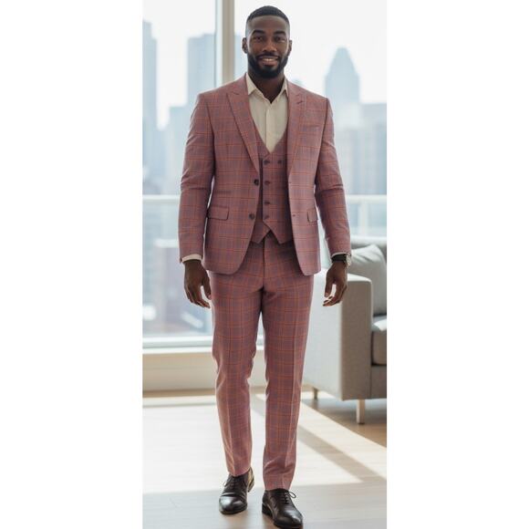 Mens Vitali Modern Fit 3pc Denim Lavender Plaid Formal Suit M9857-PK-NP 51W 56 - Picture 2 of 16